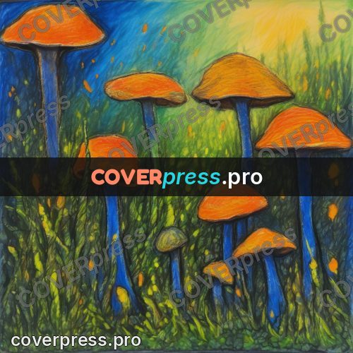 Oil pastel illustration: mushrooms on thin stalks in grass