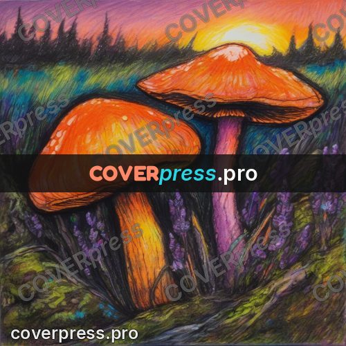 Oil pastel illustration: mushroom among heather at sunset