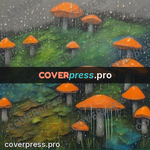 Oil pastel illustration: mushrooms in moss in the rain