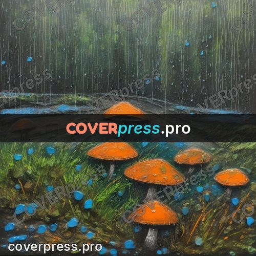 Oil pastel illustration: mushrooms in moss in the rain