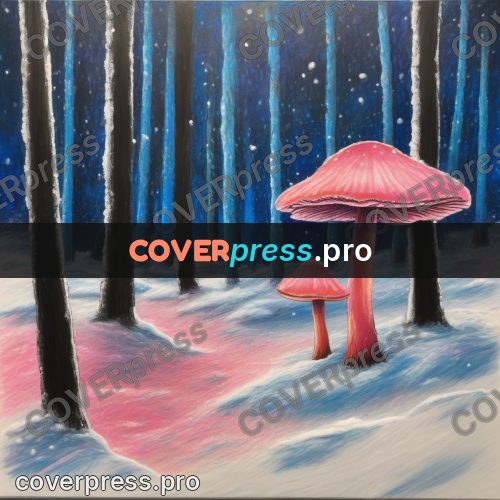 Oil pastel illustration: pink mushroom in a snowy wood