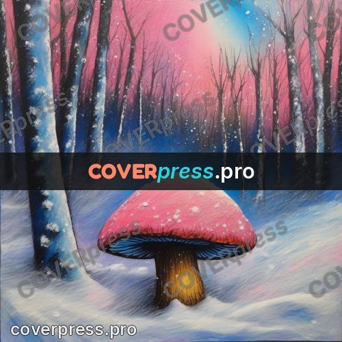 Oil pastel illustration: pink mushroom in a snowy wood