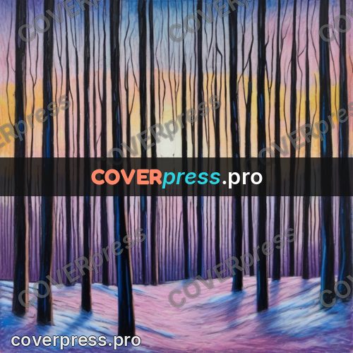 Oil pastel illustration: bare trunks against a pink sky