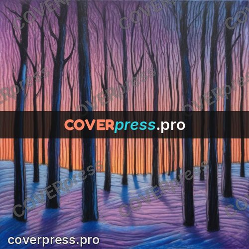 Oil pastel illustration: bare trunks against a pink sky