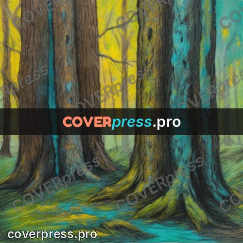 Oil pastel illustration: tree bark with turquoise lichen