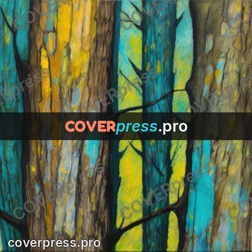 Oil pastel illustration: tree bark with turquoise lichen