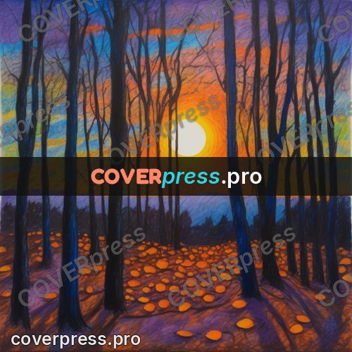 Oil pastel illustration: setting sun in a bare grove