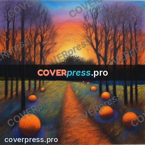 Oil pastel illustration: setting sun in a bare grove