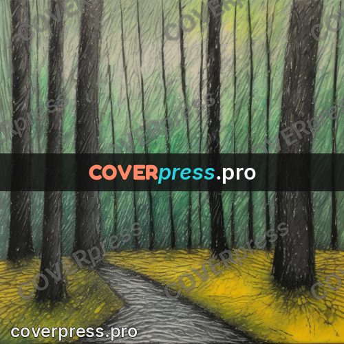 Oil pastel illustration: path between trunks in drizzle