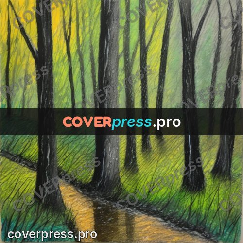 Oil pastel illustration: path between trunks in drizzle