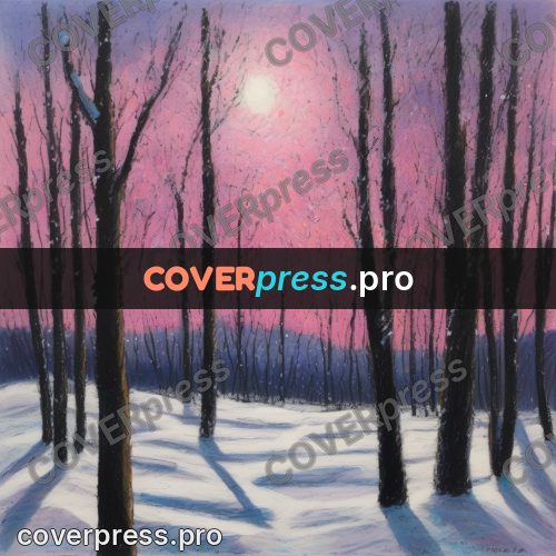 Oil pastel illustration: winter wood at pink sunset