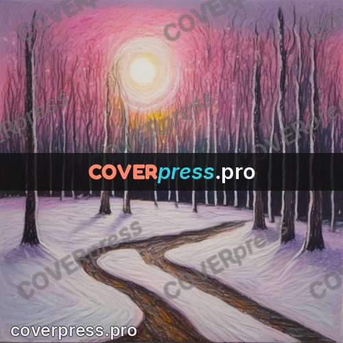 Oil pastel illustration: winter wood at pink sunset