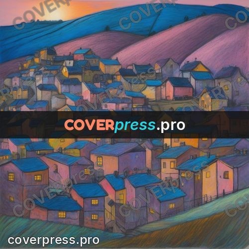 Oil pastel illustration: small town on a hillside