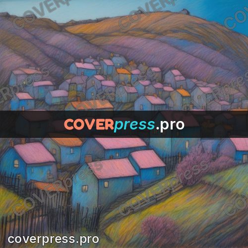 Oil pastel illustration: small town on a hillside