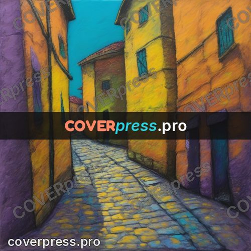 Oil pastel illustration: cobbled lane between yellow walls