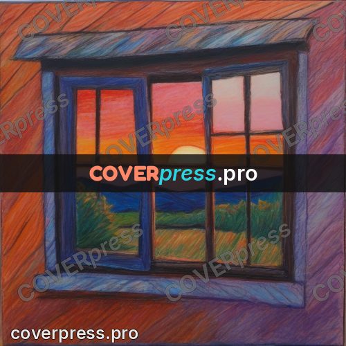Oil pastel illustration: window and the setting sun