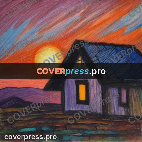 Oil pastel illustration: window and the setting sun