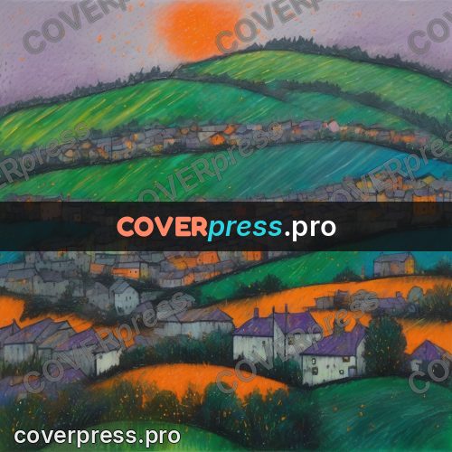 Oil pastel illustration: town in a valley between hills