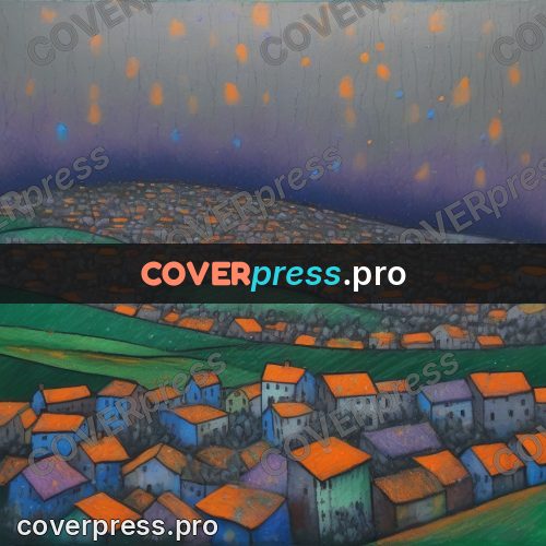 Oil pastel illustration: town in a valley between hills