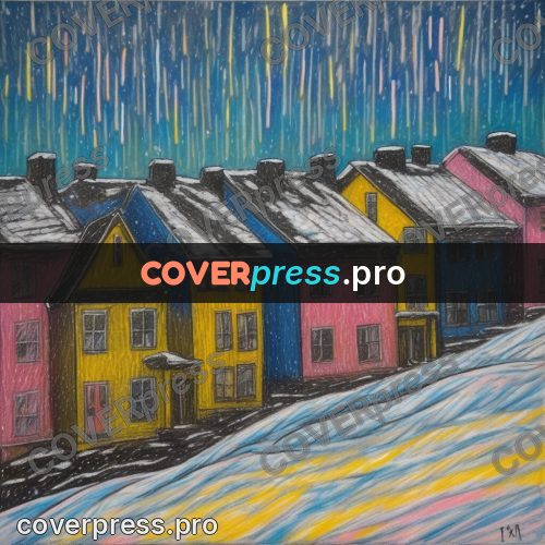Oil pastel illustration: snow-covered houses with lit windows