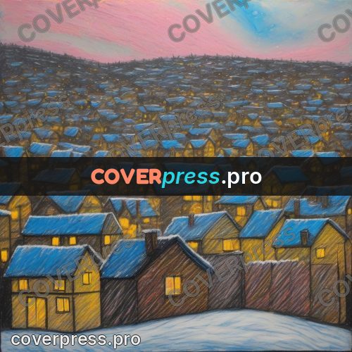 Oil pastel illustration: snow-covered houses with lit windows