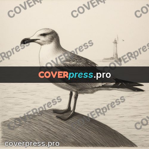 Engraving style drawing: gull on a seaside rock