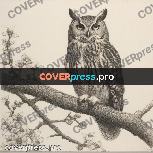 Engraving style drawing: owl on a branch