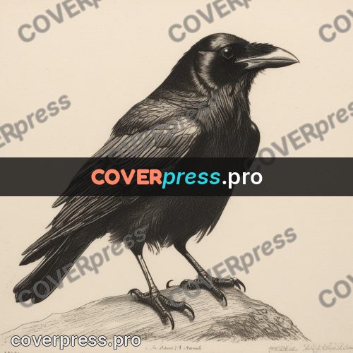 Engraving style drawing: raven on a stone
