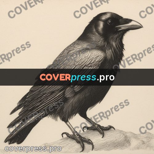 Engraving style drawing: raven on a stone
