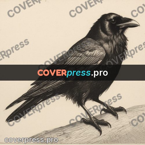 Engraving style drawing: raven on a stone