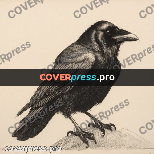 Engraving style drawing: raven on a stone