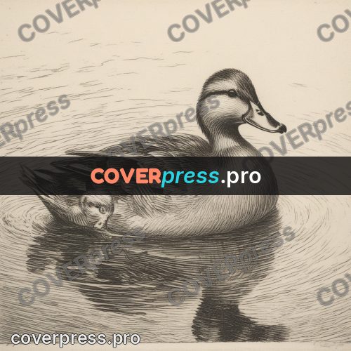 Engraving style drawing: duck with ducklings on water
