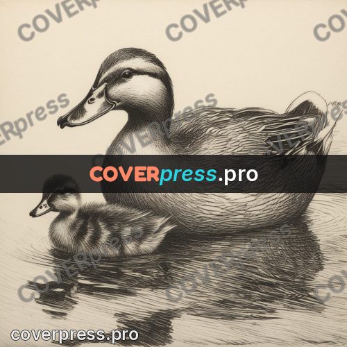 Engraving style drawing: duck with ducklings on water