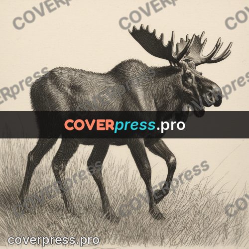 Engraving style drawing: moose in the grass