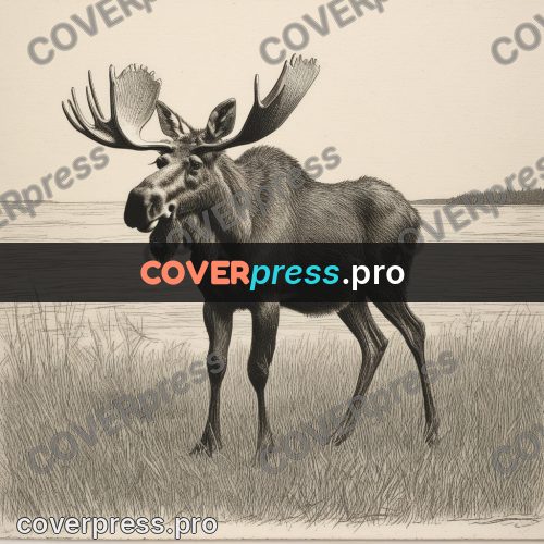 Engraving style drawing: moose in the grass