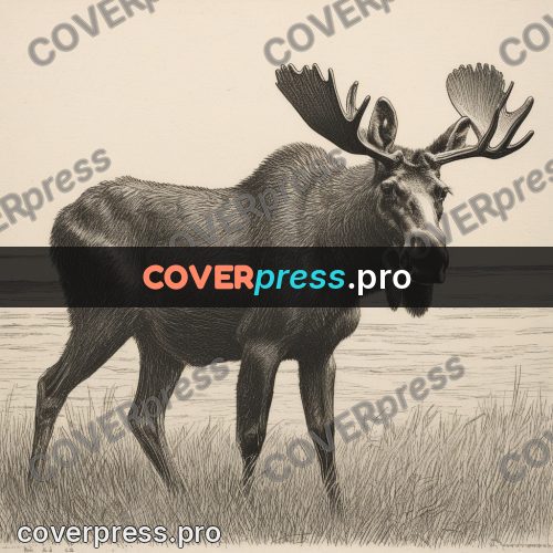 Engraving style drawing: moose in the grass