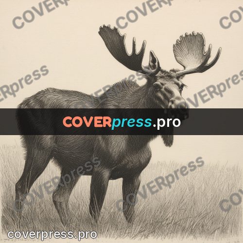 Engraving style drawing: moose in the grass