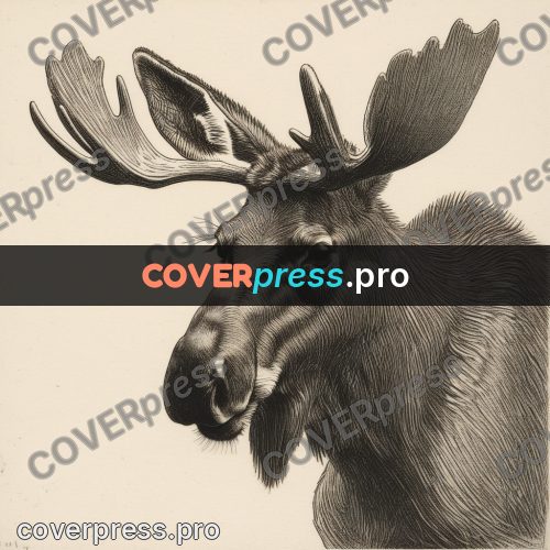 Engraving style drawing: moose in the grass
