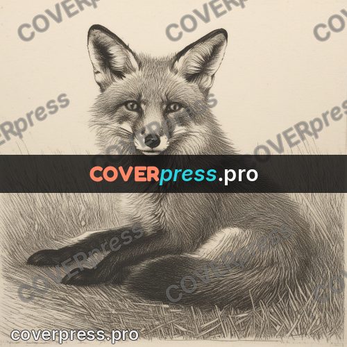 Engraving style drawing: fox sitting in the grass