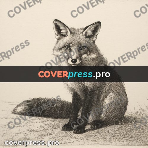 Engraving style drawing: fox sitting in the grass
