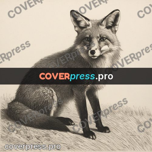 Engraving style drawing: fox sitting in the grass