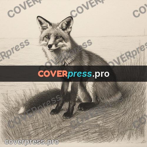 Engraving style drawing: fox sitting in the grass