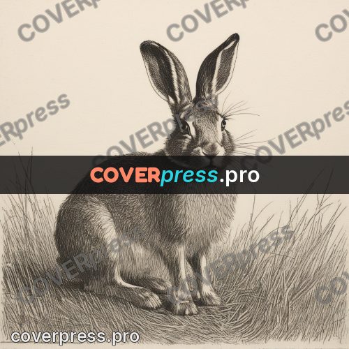 Engraving style drawing: hare in dry grass