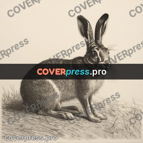 Engraving style drawing: hare in dry grass