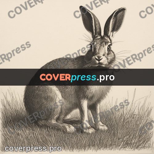 Engraving style drawing: hare in dry grass