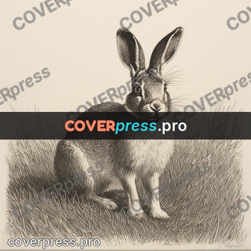 Engraving style drawing: hare in dry grass