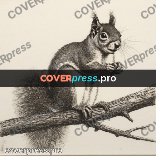 Engraving style drawing: squirrel on a branch