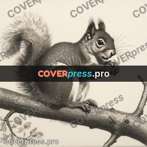 Engraving style drawing: squirrel on a branch