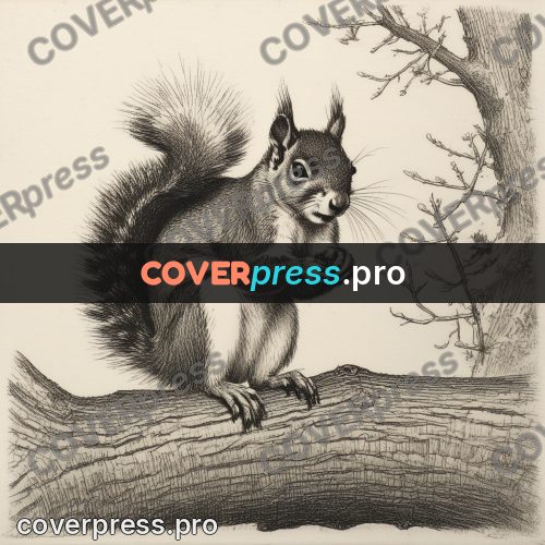 Engraving style drawing: squirrel on a branch