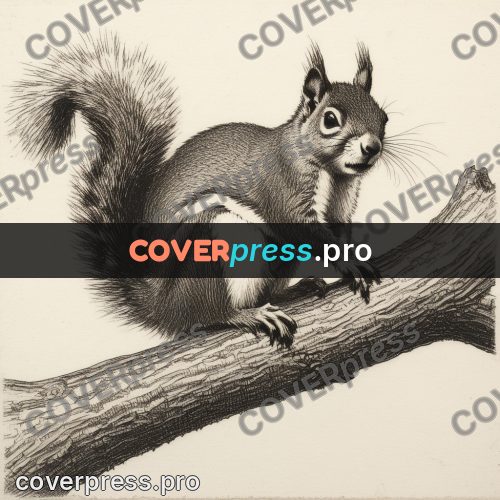 Engraving style drawing: squirrel on a branch